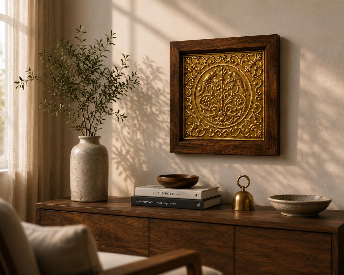 kveer Decorative Wall Art with Brass Embossed Panel, Wooden Frame, Golden