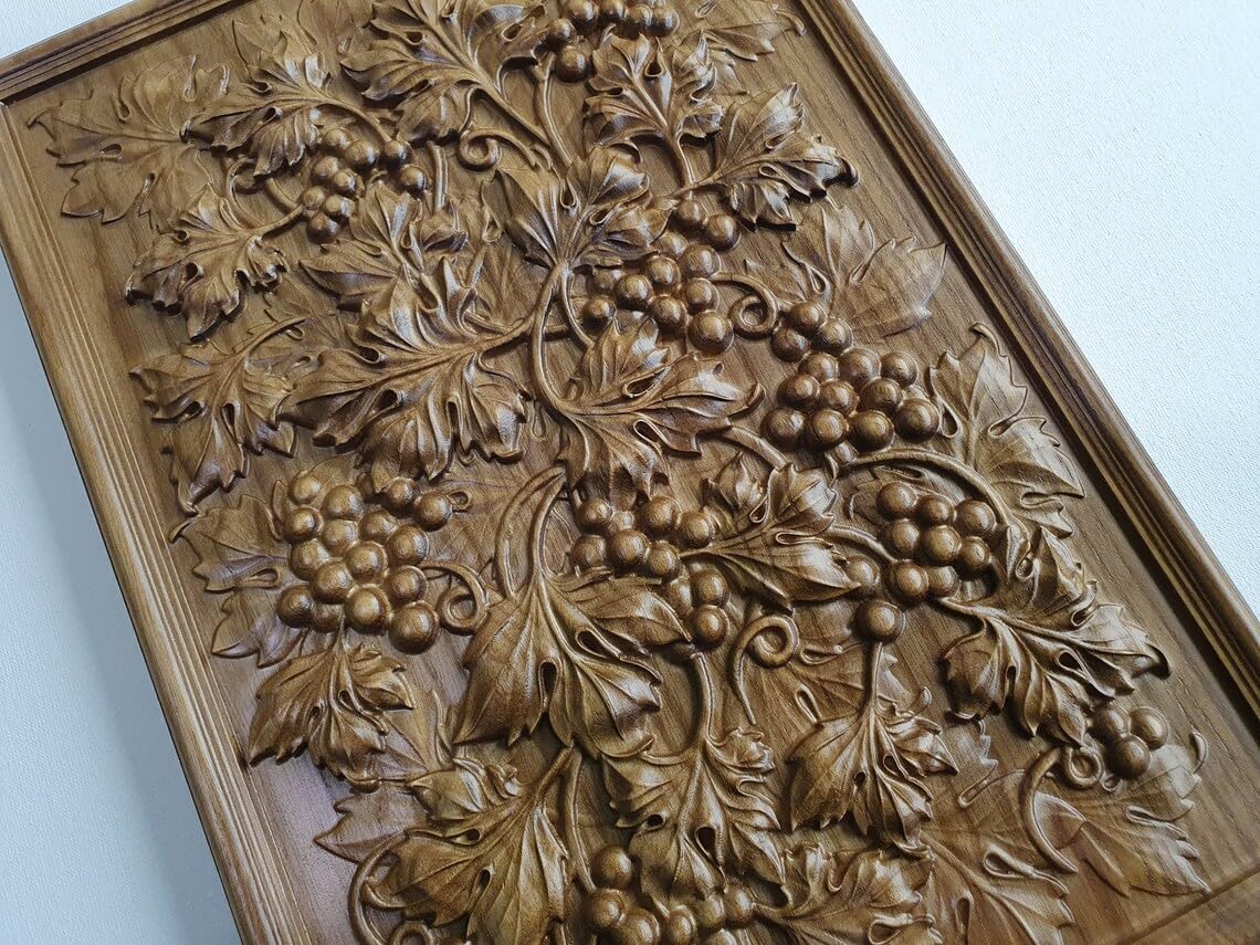 kveer WOOD Handcrafted Wooden Wall Panel, Grape Vine Relief Carving, Decorative Wall Art