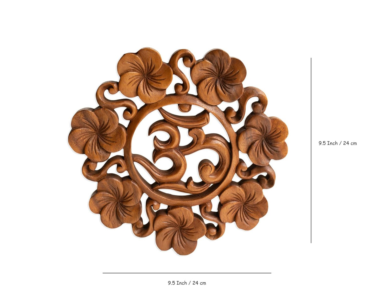 kveer Hand Carved Wooden om Wall Art, Floral Scroll Design, Round Wall Decor Panel