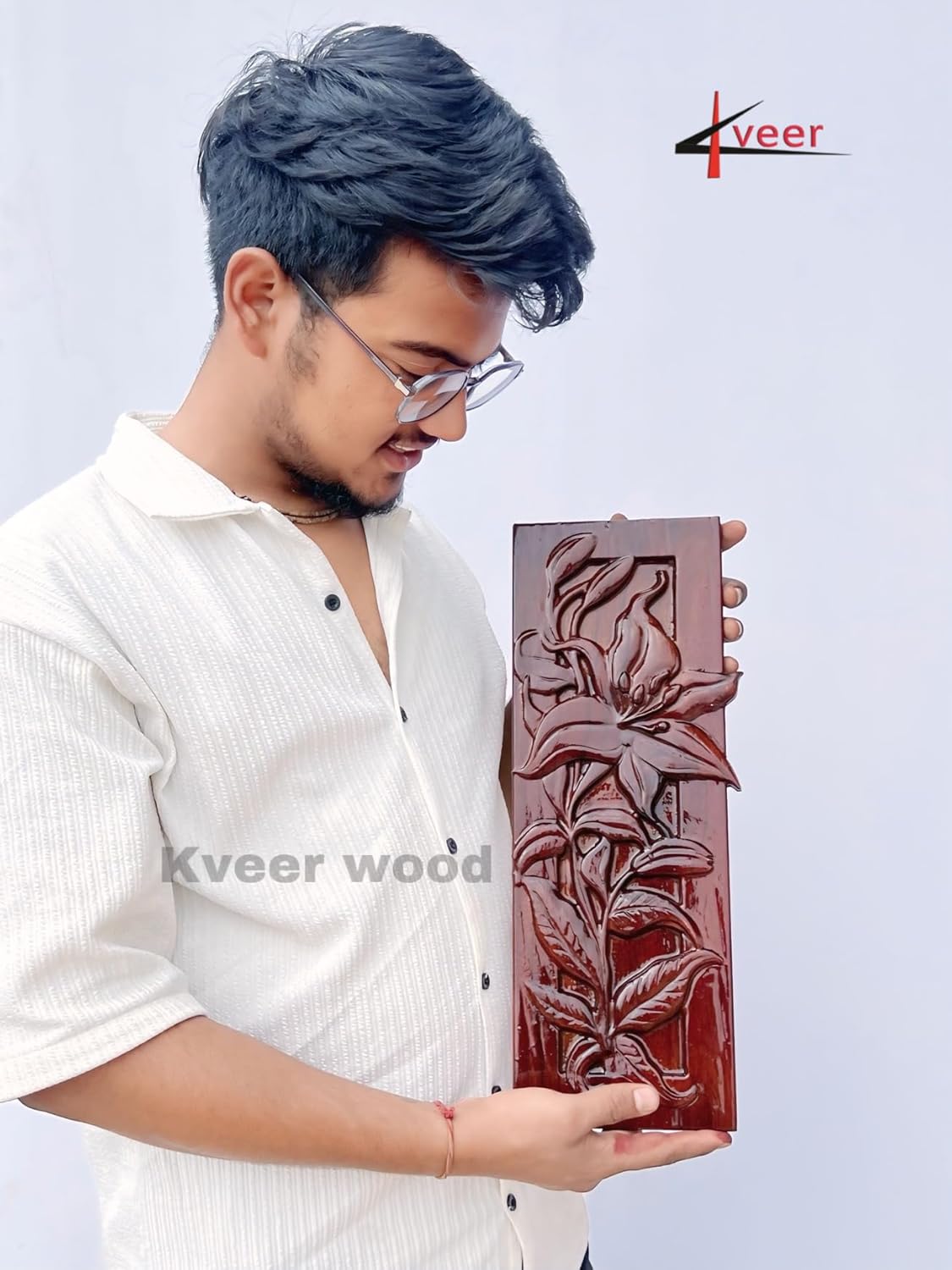 kveer WOOD Handcrafted Wooden Wall Art Panel, Lily Flower Carved Design, Decorative Wood Wall Hanging