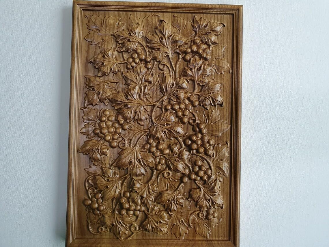 kveer WOOD Handcrafted Wooden Wall Panel, Grape Vine Relief Carving, Decorative Wall Art