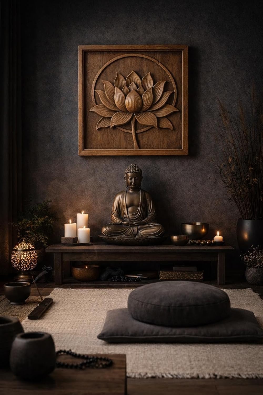 kveer Wooden Wall Art Lotus Flower Carving