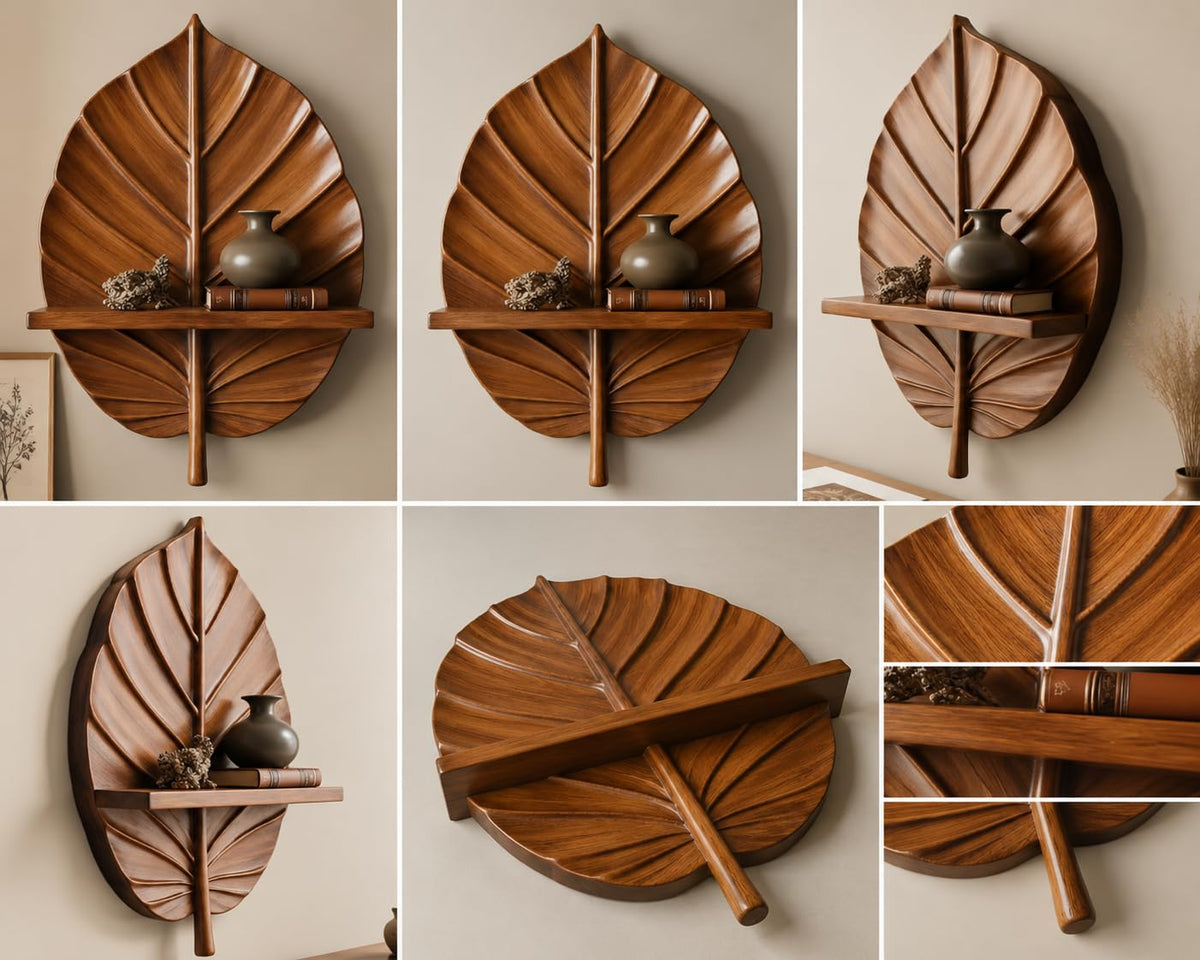 kveer Leaf Shaped Wooden Wall Shelf, Brown Wood Finish