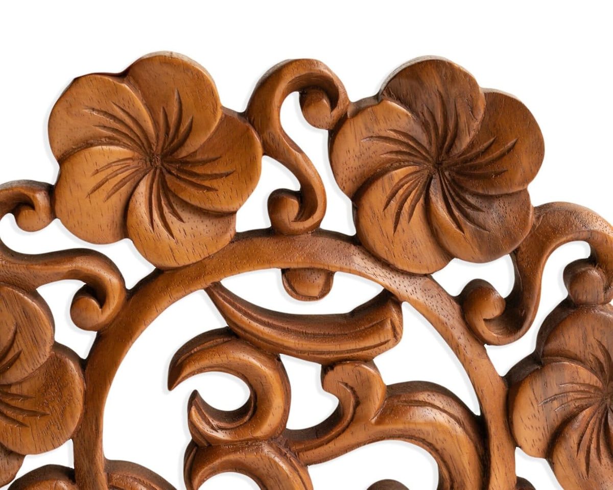 kveer Hand Carved Wooden om Wall Art, Floral Scroll Design, Round Wall Decor Panel