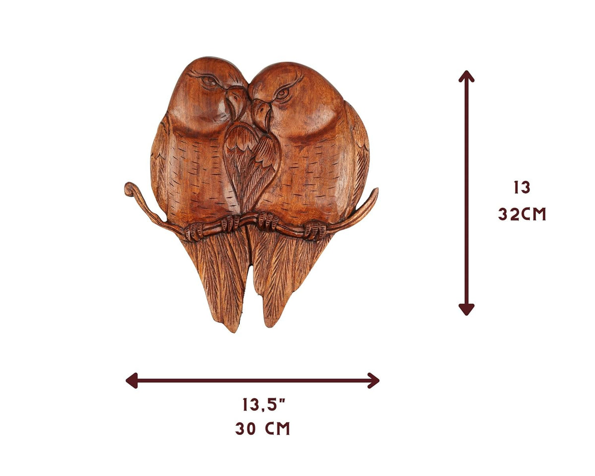 kveer Handcrafted Wooden Love Birds Wall Decor, Brown, Carved Pair of Birds on Branch
