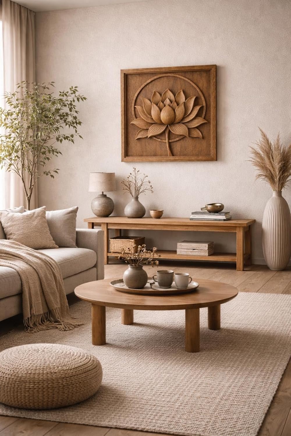 kveer Wooden Wall Art Lotus Flower Carving