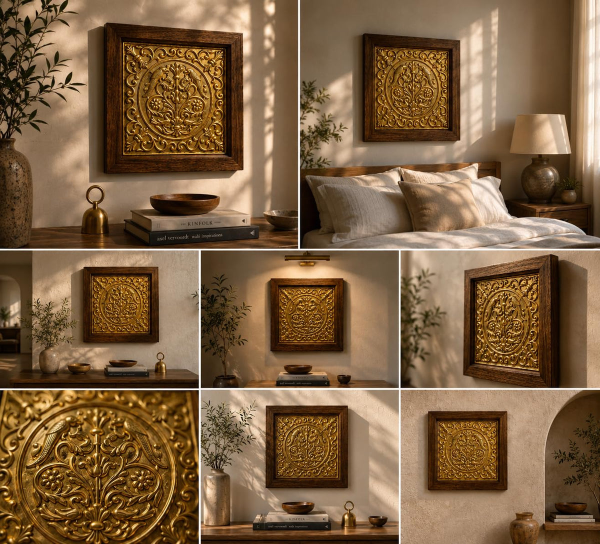 kveer Decorative Wall Art with Brass Embossed Panel, Wooden Frame, Golden