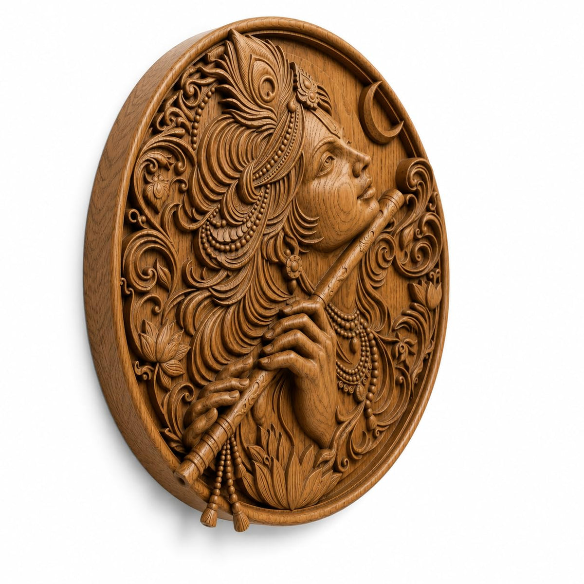 kveer Round Wooden Wall Art Panel, Hand Carved Krishna Playing Flute, Traditional Indian Relief Carving, Honey Brown, Wall Decor