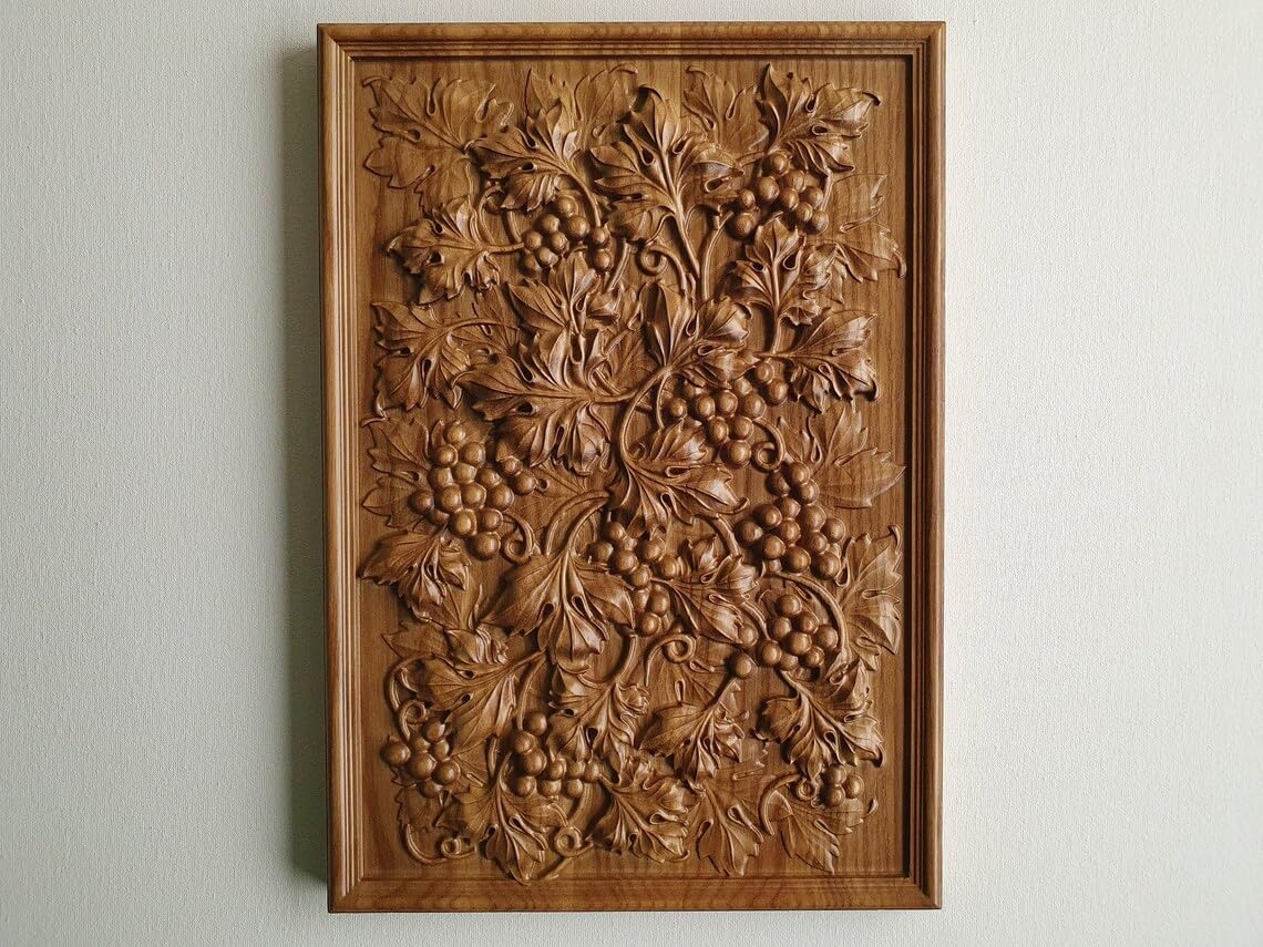kveer WOOD Handcrafted Wooden Wall Panel, Grape Vine Relief Carving, Decorative Wall Art