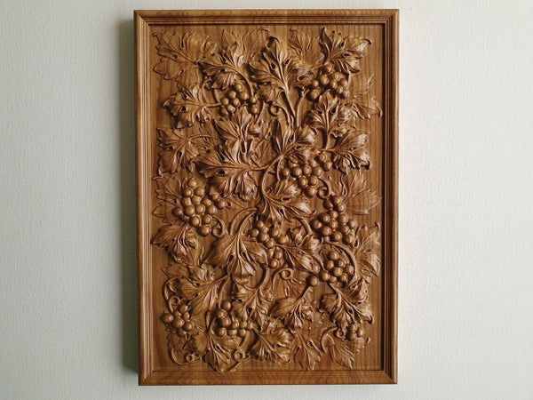 kveer WOOD Handcrafted Wooden Wall Panel, Grape Vine Relief Carving, Decorative Wall Art