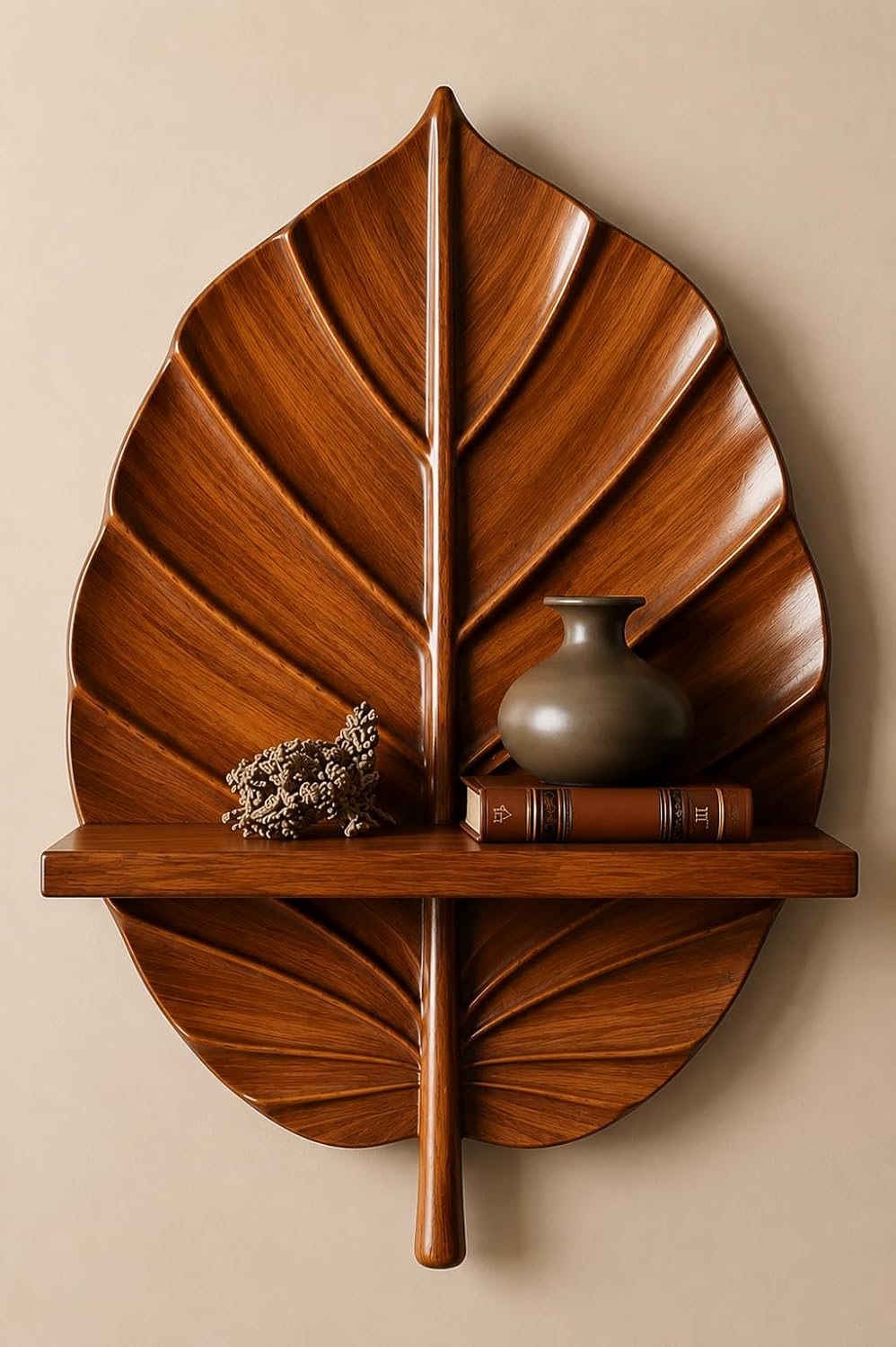 kveer Leaf Shaped Wooden Wall Shelf, Brown Wood Finish