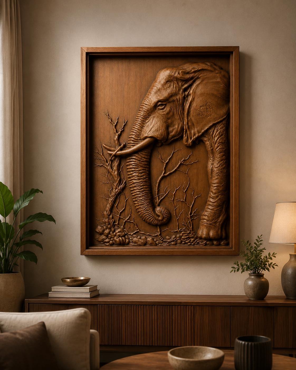 Kveerwood Elephant Wood Carved Wall Art, Decorative Relief Sculpture Panel, Brown Wooden Wall Decor