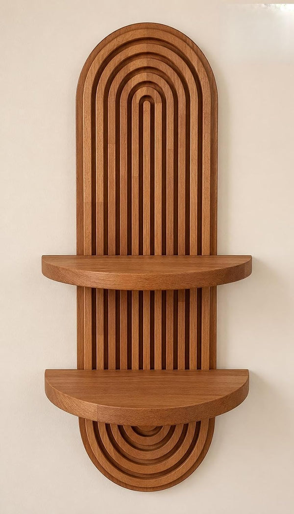 kveer Wood Arched Wooden Wall Shelf with Double Tier Slatted Design