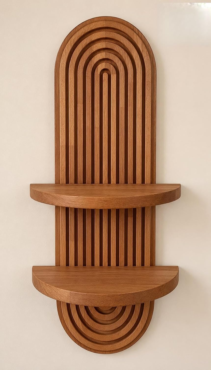 kveer Wood Arched Wooden Wall Shelf with Double Tier Slatted Design