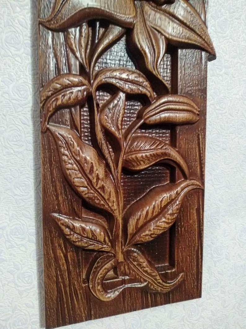 kveer WOOD Handcrafted Wooden Wall Art Panel, Lily Flower Carved Design, Decorative Wood Wall Hanging