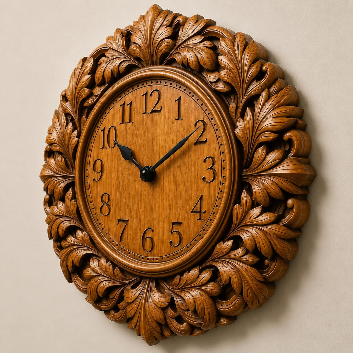 kveer Wooden Wall Clock with Carved Leaf Frame