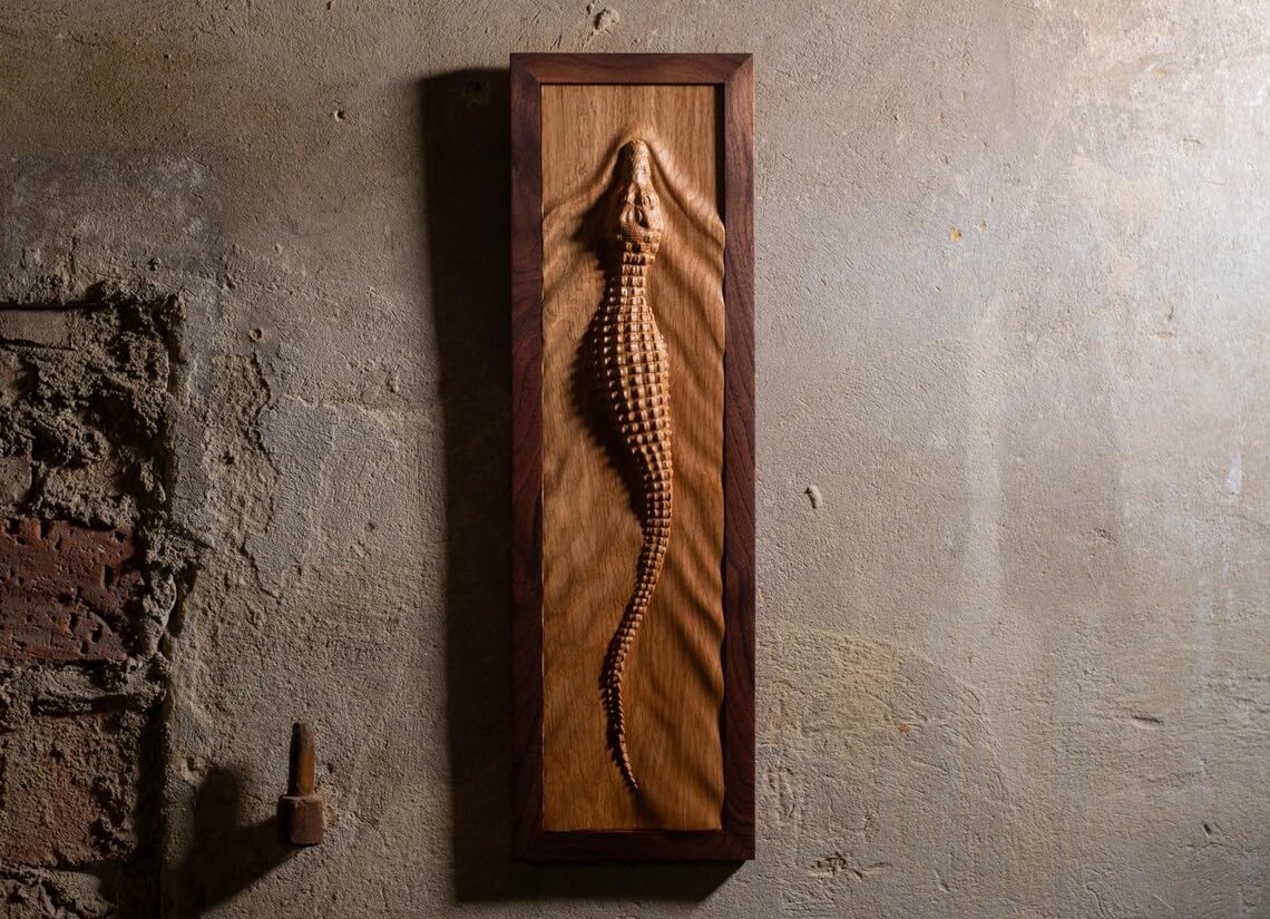 kveer 3D Carved Crocodile Wall Art, Handcrafted Oak Wood with Walnut Frame, Decorative Relief Carving