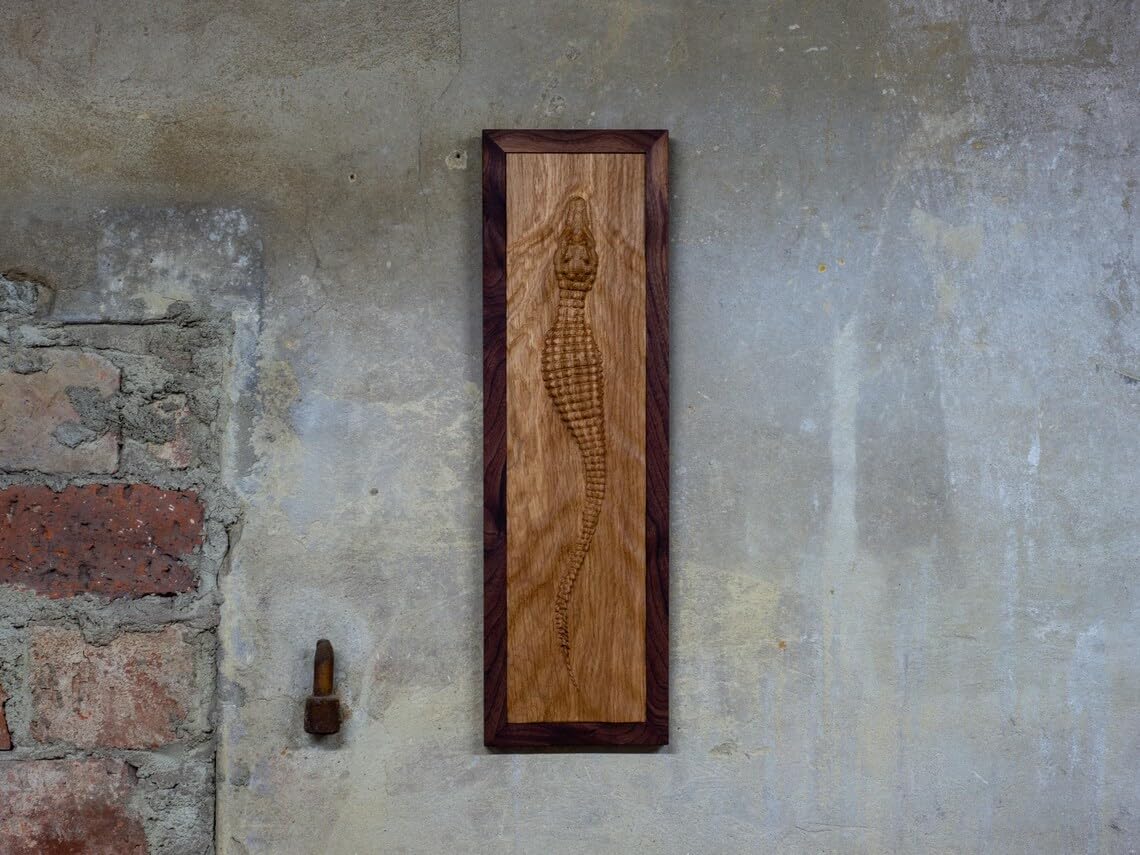 kveer 3D Carved Crocodile Wall Art, Handcrafted Oak Wood with Walnut Frame, Decorative Relief Carving