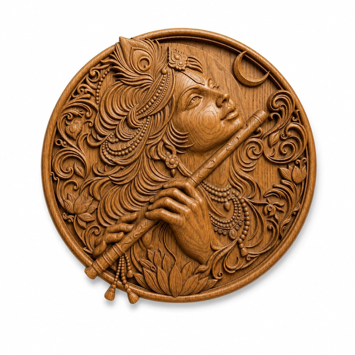kveer Round Wooden Wall Art Panel, Hand Carved Krishna Playing Flute, Traditional Indian Relief Carving, Honey Brown, Wall Decor