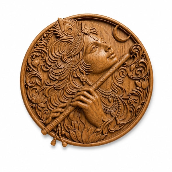 kveer Round Wooden Wall Art Panel, Hand Carved Krishna Playing Flute, Traditional Indian Relief Carving, Honey Brown, Wall Decor