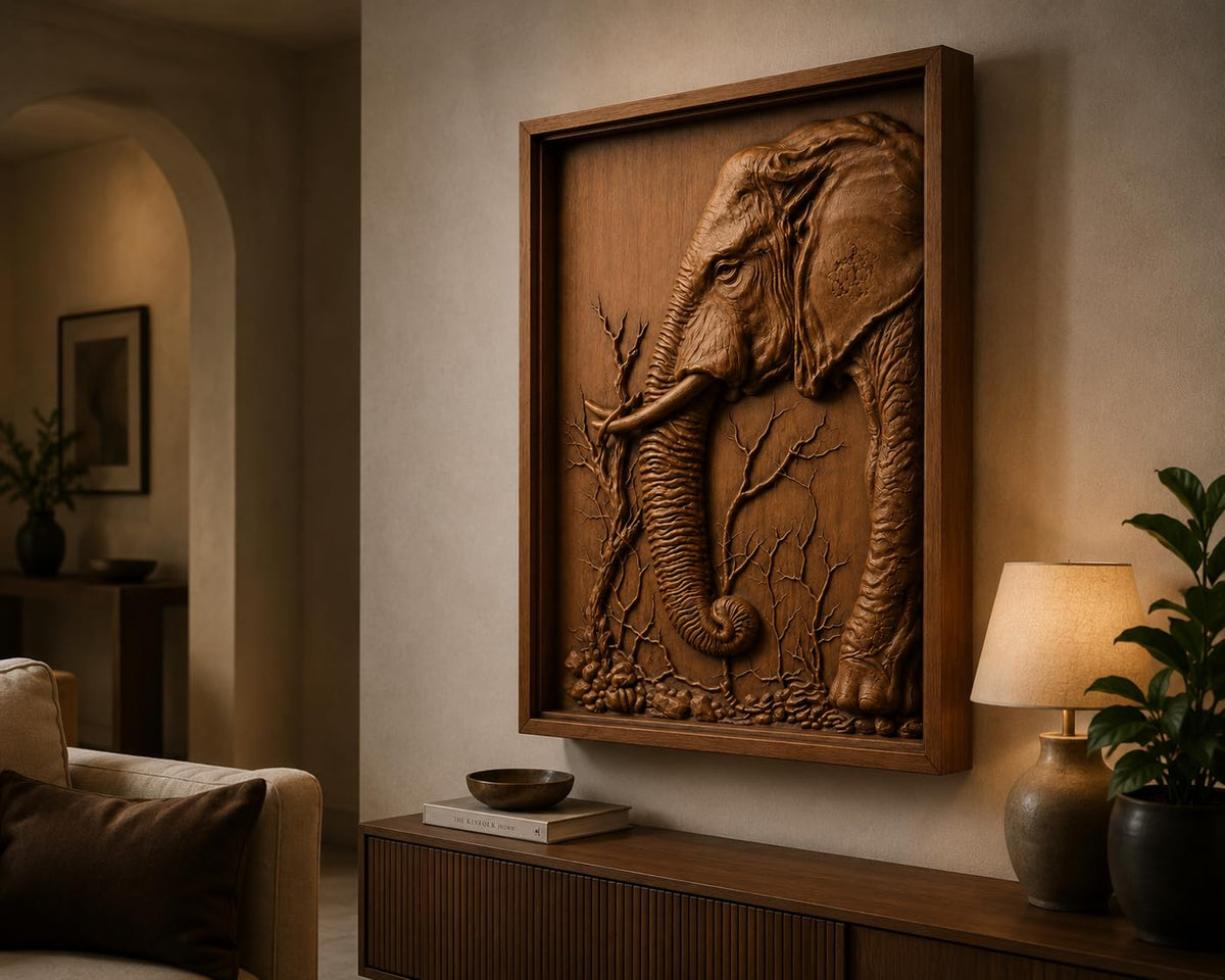 Kveerwood Elephant Wood Carved Wall Art, Decorative Relief Sculpture Panel, Brown Wooden Wall Decor