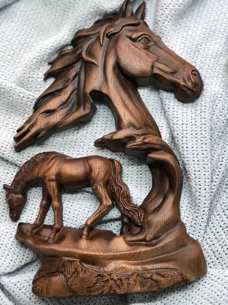 kveer wood Handcarved Wooden Horse Wall Art Sculpture, Double Horse Design, Rustic Home Decor