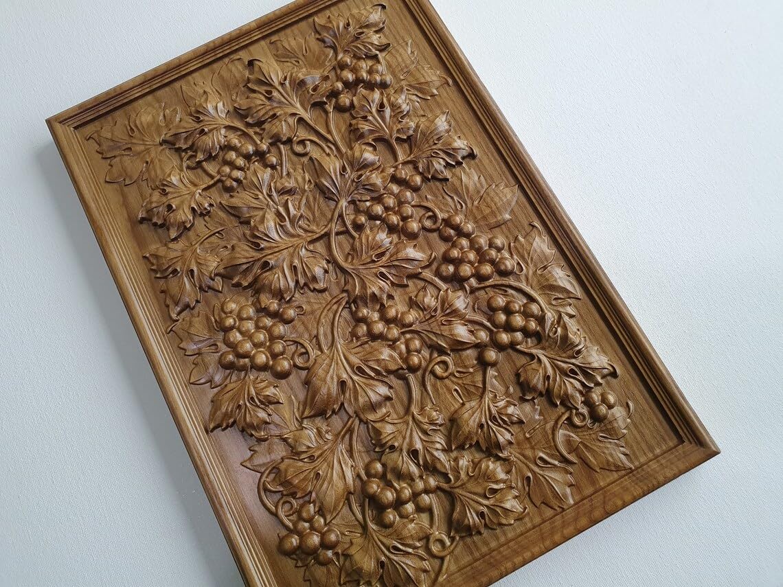 kveer WOOD Handcrafted Wooden Wall Panel, Grape Vine Relief Carving, Decorative Wall Art