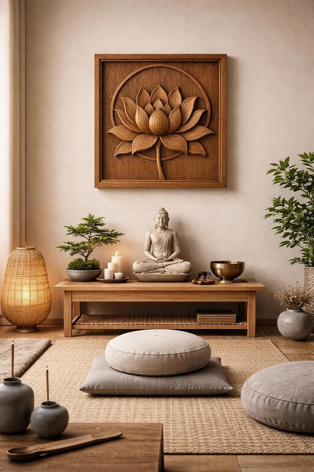 kveer Wooden Wall Art Lotus Flower Carving