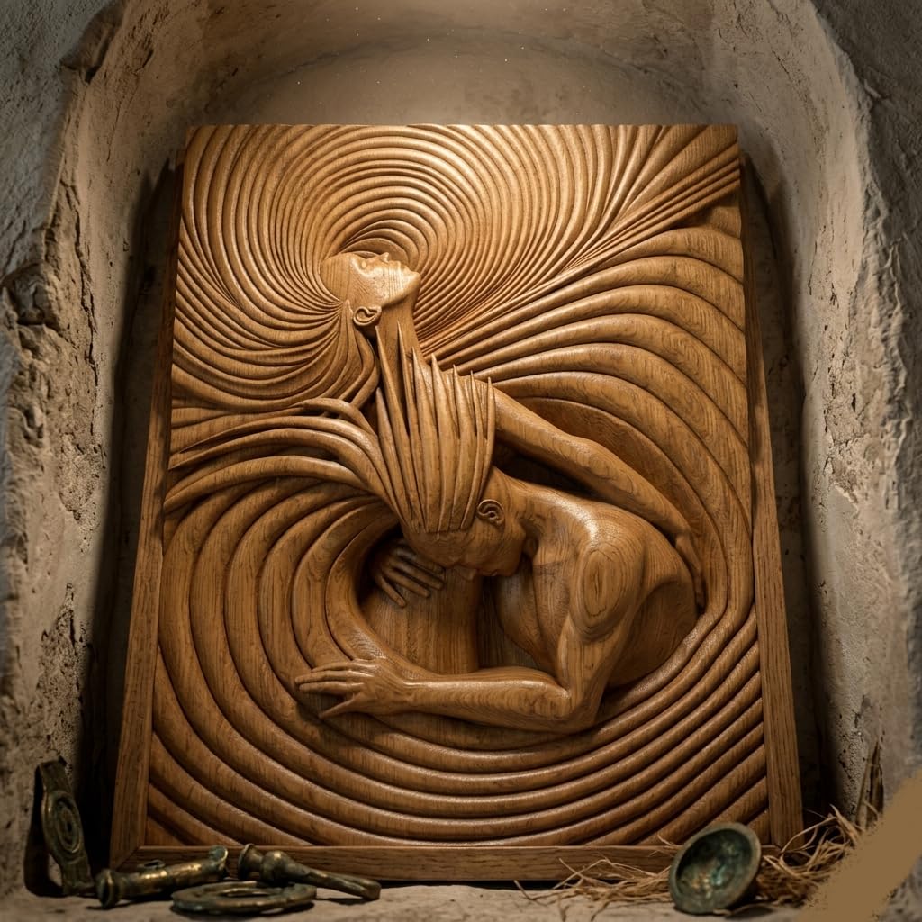 kveer wood Hand-Carved Oak Wood Wall Art, 3D Relief Sculpture, Abstract Swirl Pattern, Embracing Figures, Large Wooden Plaque for Home Decor