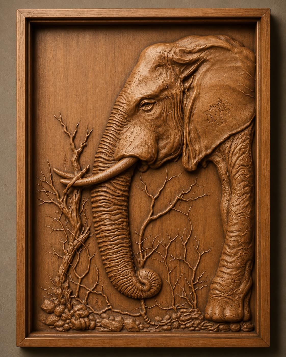 Kveerwood Elephant Wood Carved Wall Art, Decorative Relief Sculpture Panel, Brown Wooden Wall Decor