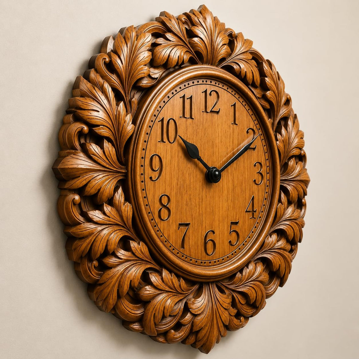 kveer Wooden Wall Clock with Carved Leaf Frame
