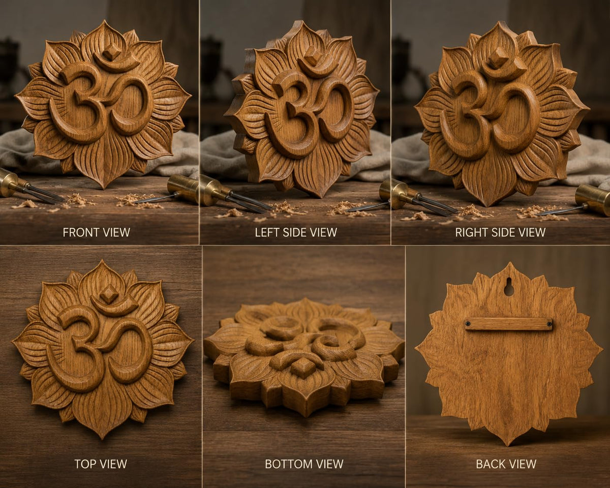 kveer Wooden Om Symbol Wall Decor, Lotus Flower Carved Design, Spiritual Home Decoration for Living Room, Meditation Room, Prayer Space