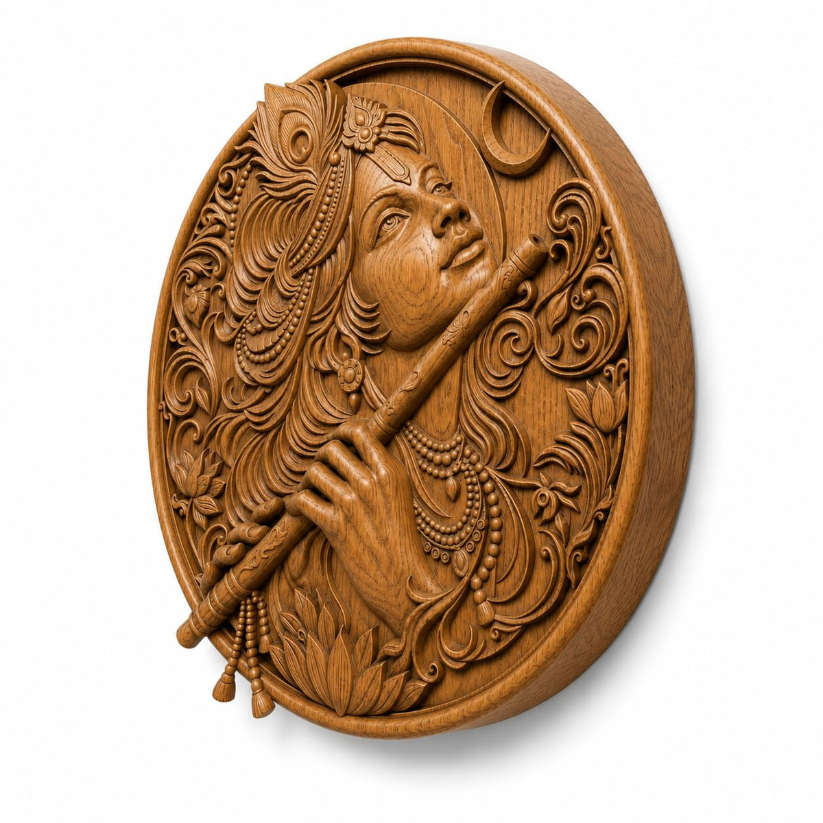kveer Round Wooden Wall Art Panel, Hand Carved Krishna Playing Flute, Traditional Indian Relief Carving, Honey Brown, Wall Decor