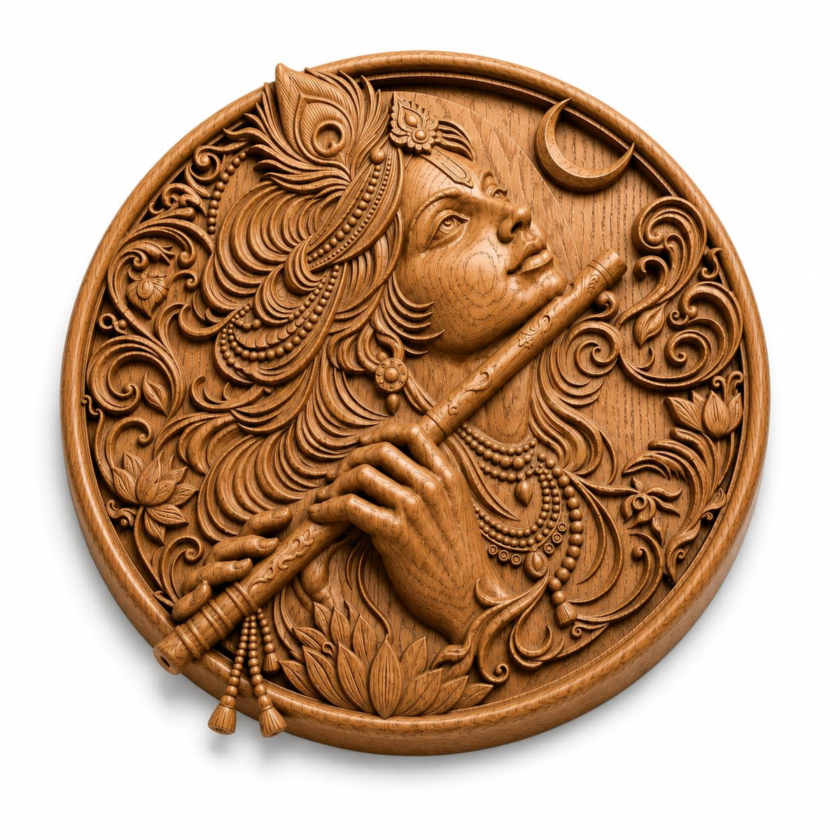 kveer Round Wooden Wall Art Panel, Hand Carved Krishna Playing Flute, Traditional Indian Relief Carving, Honey Brown, Wall Decor