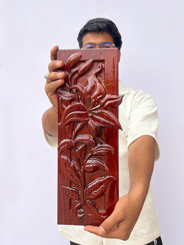 kveer WOOD Handcrafted Wooden Wall Art Panel, Lily Flower Carved Design, Decorative Wood Wall Hanging