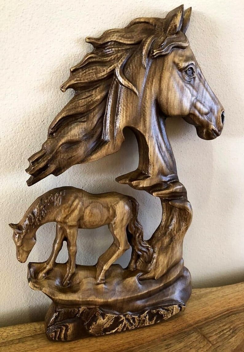 kveer wood Handcarved Wooden Horse Wall Art Sculpture, Double Horse Design, Rustic Home Decor