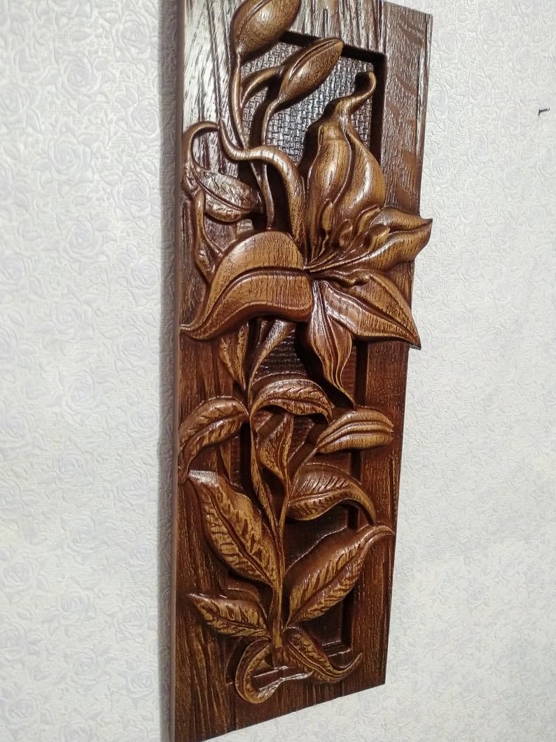 kveer WOOD Handcrafted Wooden Wall Art Panel, Lily Flower Carved Design, Decorative Wood Wall Hanging