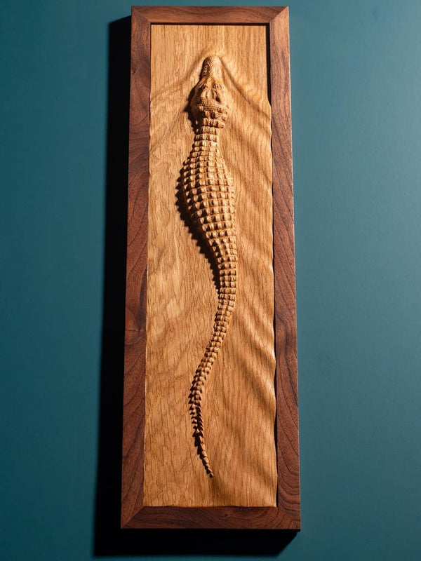 kveer 3D Carved Crocodile Wall Art, Handcrafted Oak Wood with Walnut Frame, Decorative Relief Carving