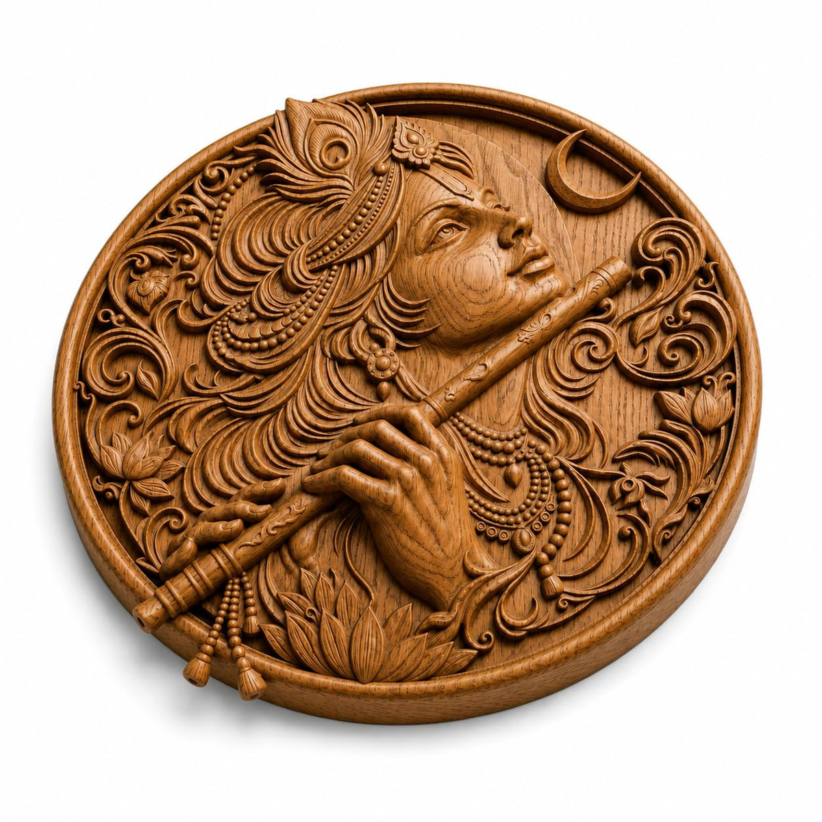 kveer Round Wooden Wall Art Panel, Hand Carved Krishna Playing Flute, Traditional Indian Relief Carving, Honey Brown, Wall Decor