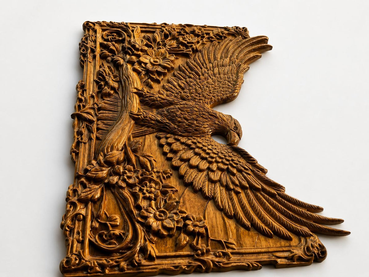 kveer Wood Handcrafted Wooden Carved Wall Decor Art, Eagle with Floral Design, Brown Relief Plaque for Living Room