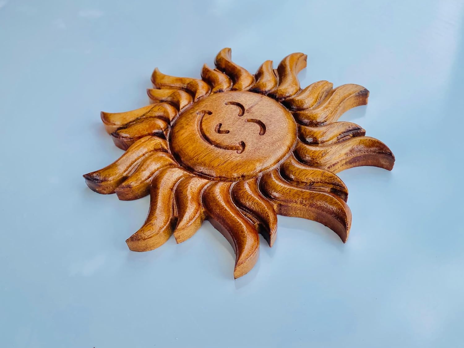 kveer wood Handcrafted Wooden Sun Wall Art | Smiling Sun Face Hanging | Positive Energy & Vastu Décor | Handmade Wooden Sculpture for Home & Office | Unique Gift & Spiritual Wall Hanging (20cm)