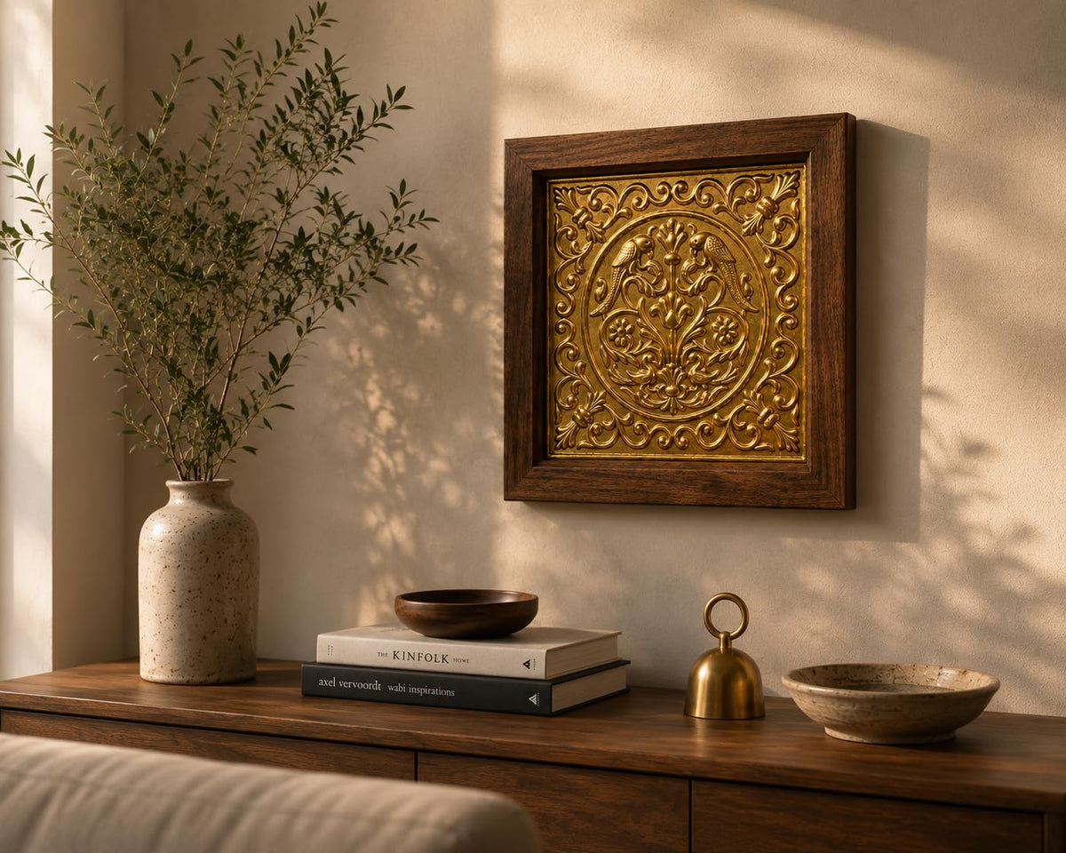 kveer Decorative Wall Art with Brass Embossed Panel, Wooden Frame, Golden