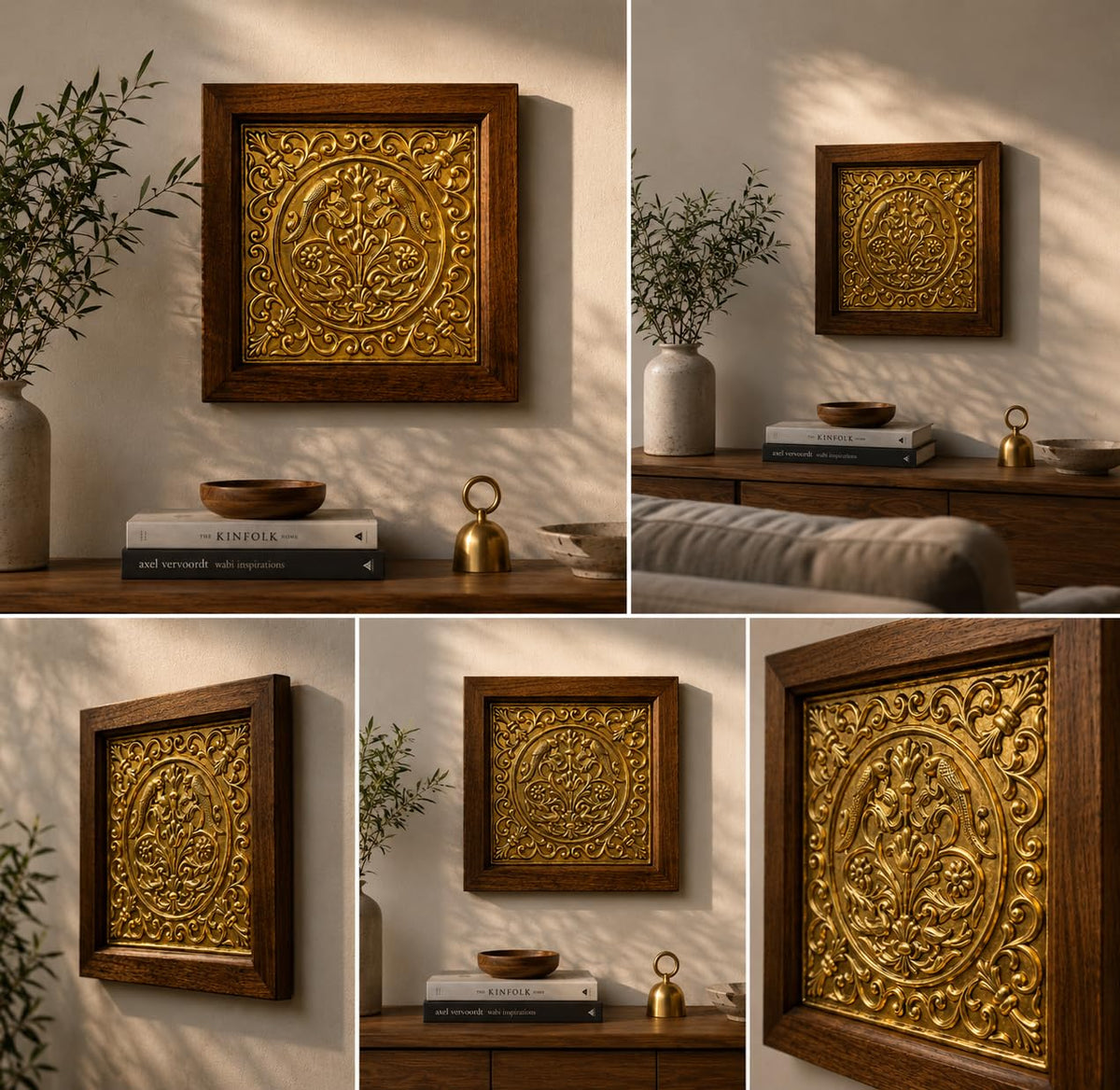 kveer Decorative Wall Art with Brass Embossed Panel, Wooden Frame, Golden