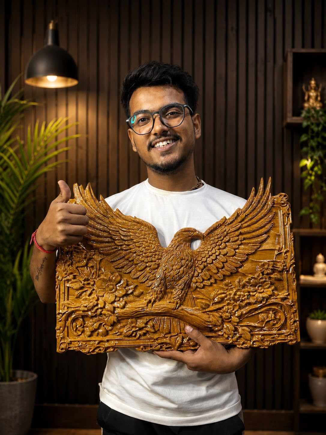 kveer Wood Handcrafted Wooden Carved Wall Decor Art, Eagle with Floral Design, Brown Relief Plaque for Living Room