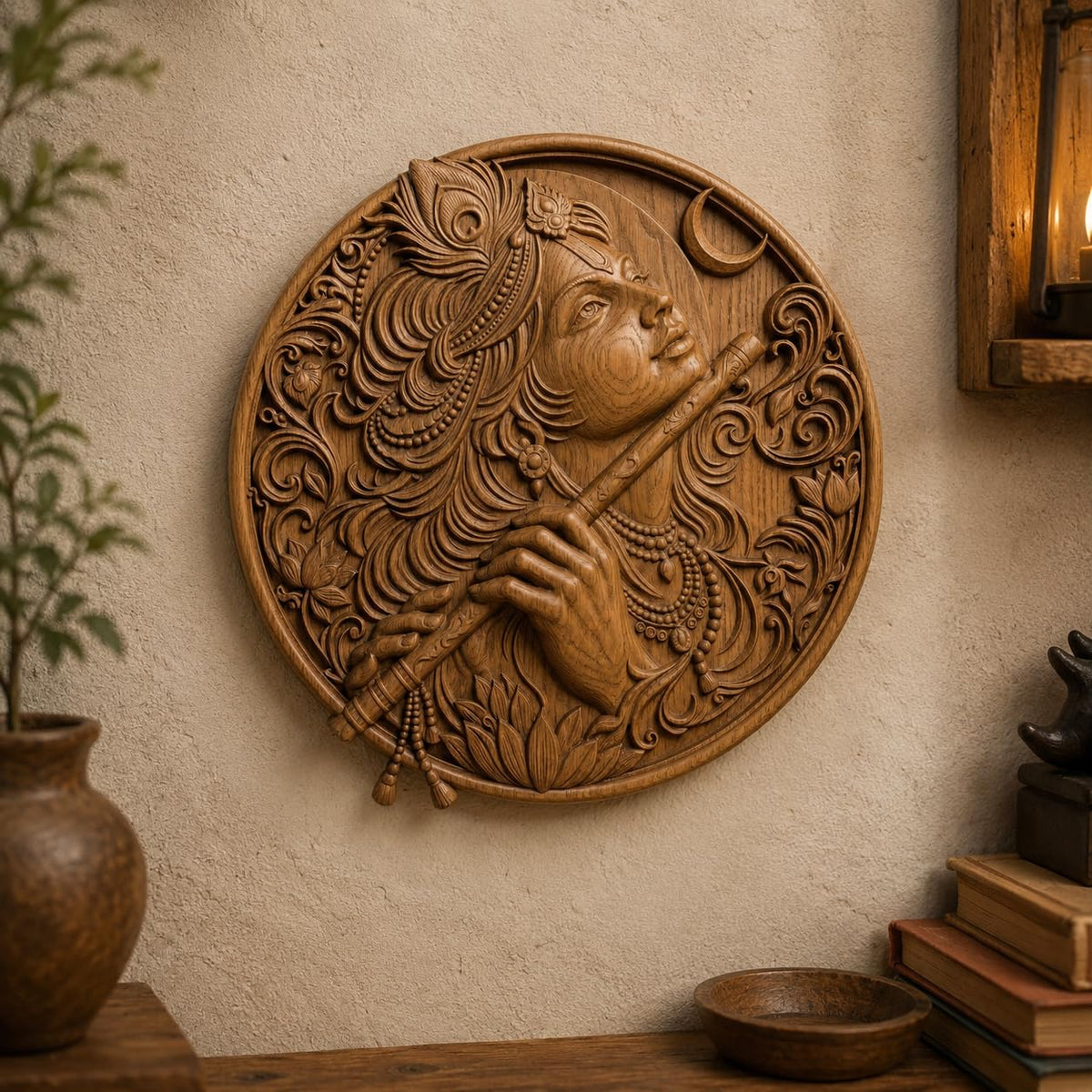 kveer Round Wooden Wall Art Panel, Hand Carved Krishna Playing Flute, Traditional Indian Relief Carving, Honey Brown, Wall Decor