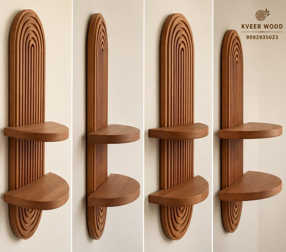 kveer Wood Arched Wooden Wall Shelf with Double Tier Slatted Design