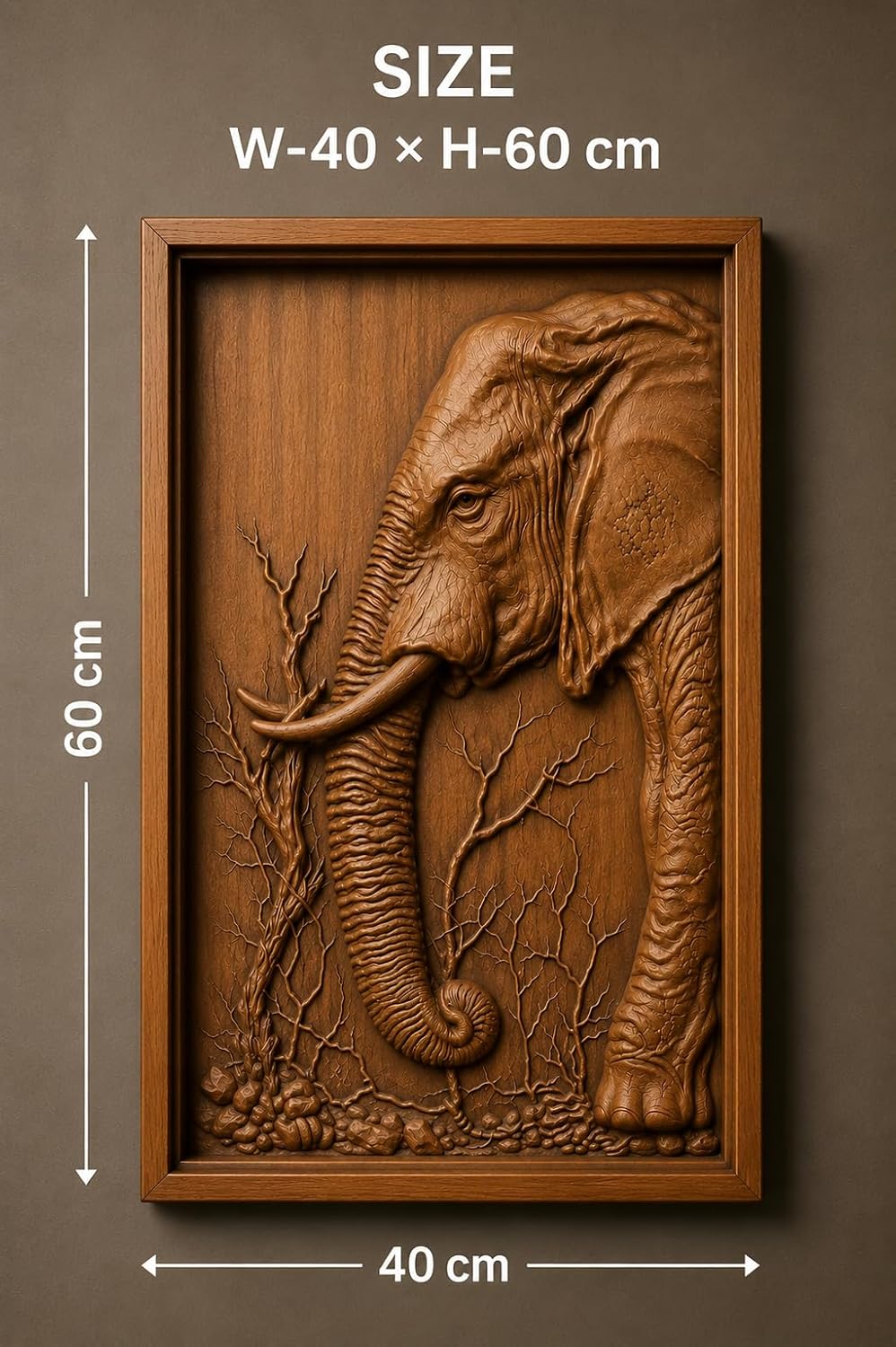 Kveerwood Elephant Wood Carved Wall Art, Decorative Relief Sculpture Panel, Brown Wooden Wall Decor