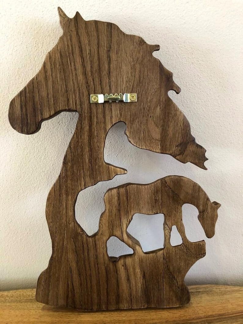 kveer wood Handcarved Wooden Horse Wall Art Sculpture, Double Horse Design, Rustic Home Decor