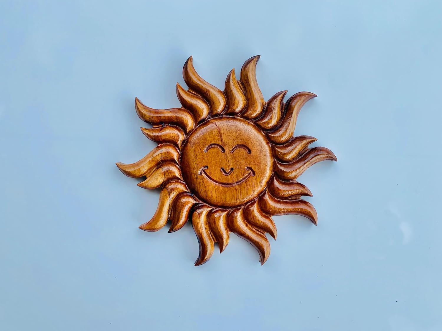kveer wood Handcrafted Wooden Sun Wall Art | Smiling Sun Face Hanging | Positive Energy & Vastu Décor | Handmade Wooden Sculpture for Home & Office | Unique Gift & Spiritual Wall Hanging (20cm)