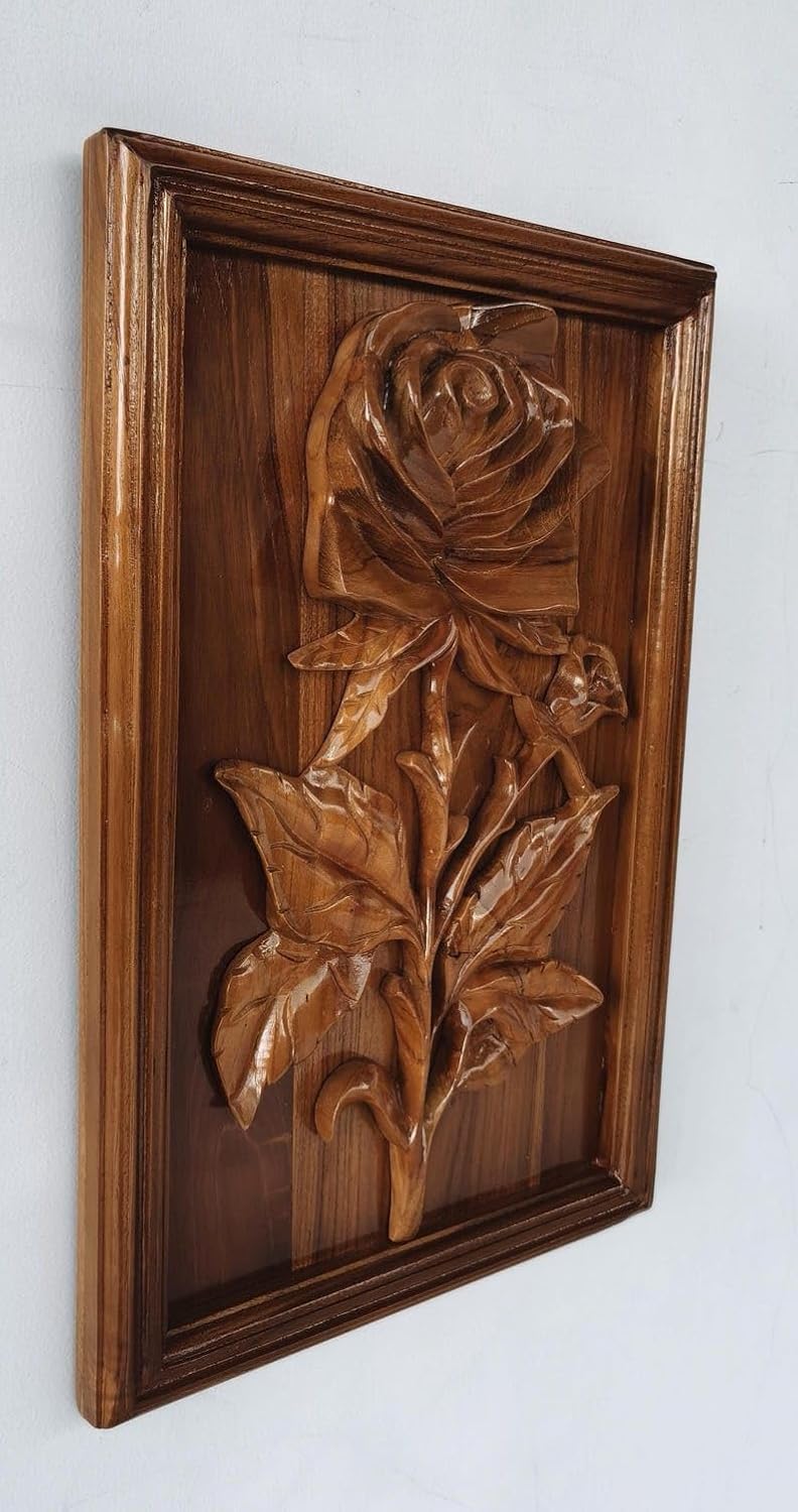 kveer Handcrafted Wooden Rose Wall Art, 3D Carved Floral Relief Panel, Decorative Wood Wall Hanging for Living Room, Bedroom